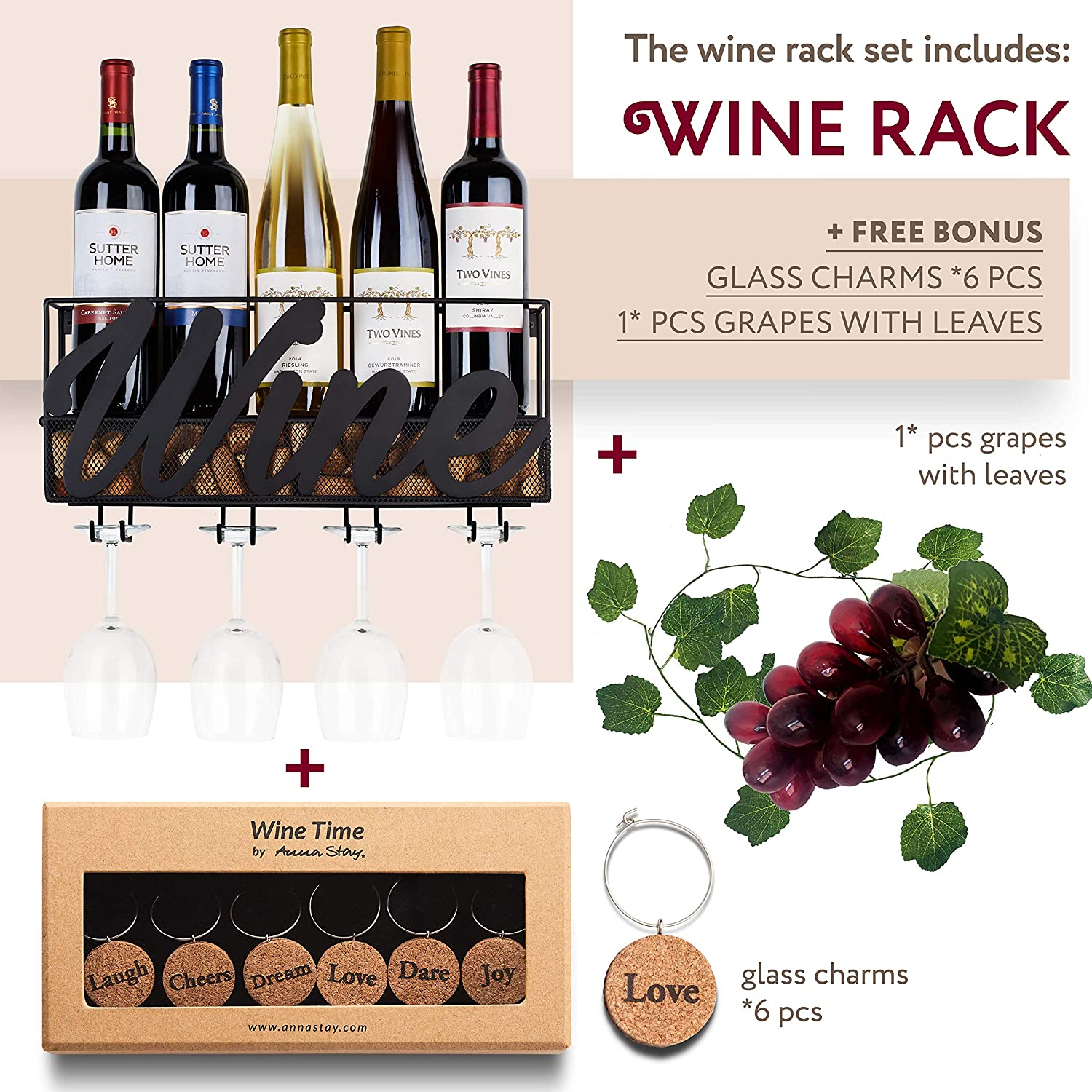 Hanging Wine Rack - Home & Kitchen Décor Bottle & Glass Holder Comes with 5 Big Bottle Cork Wine Charms Wall Mounted Wine Rack 